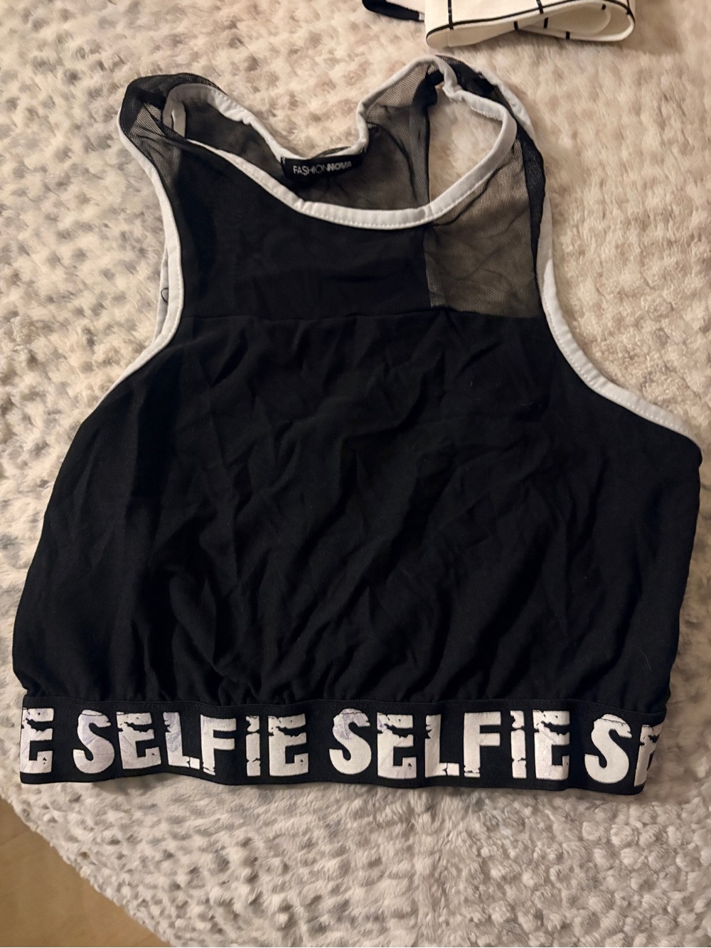 Fashion Nova Black Crop Tank with White Trim and SELFIE Band
